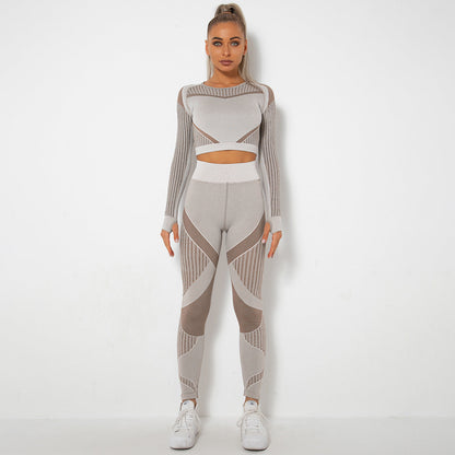 pikywiky seamless long sleeve crop top and high-waisted leggings athletic set in light grey with mesh detailing