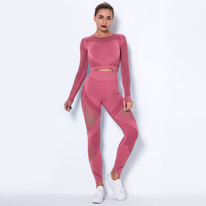 pikywiky seamless pink long sleeve crop top and high-waisted leggings athletic set with mesh ventilation details