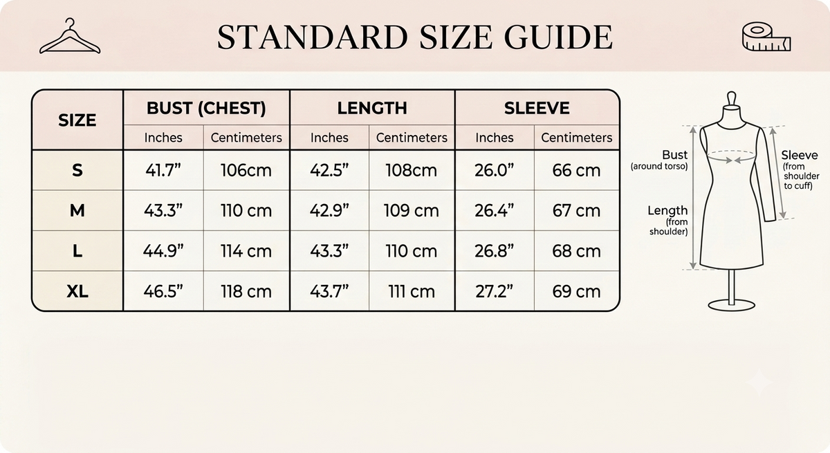 pikywiky standard size guide table for clothing with measurements for bust length and sleeve in inches and centimeters