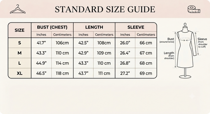 pikywiky standard size guide table for clothing with measurements for bust length and sleeve in inches and centimeters