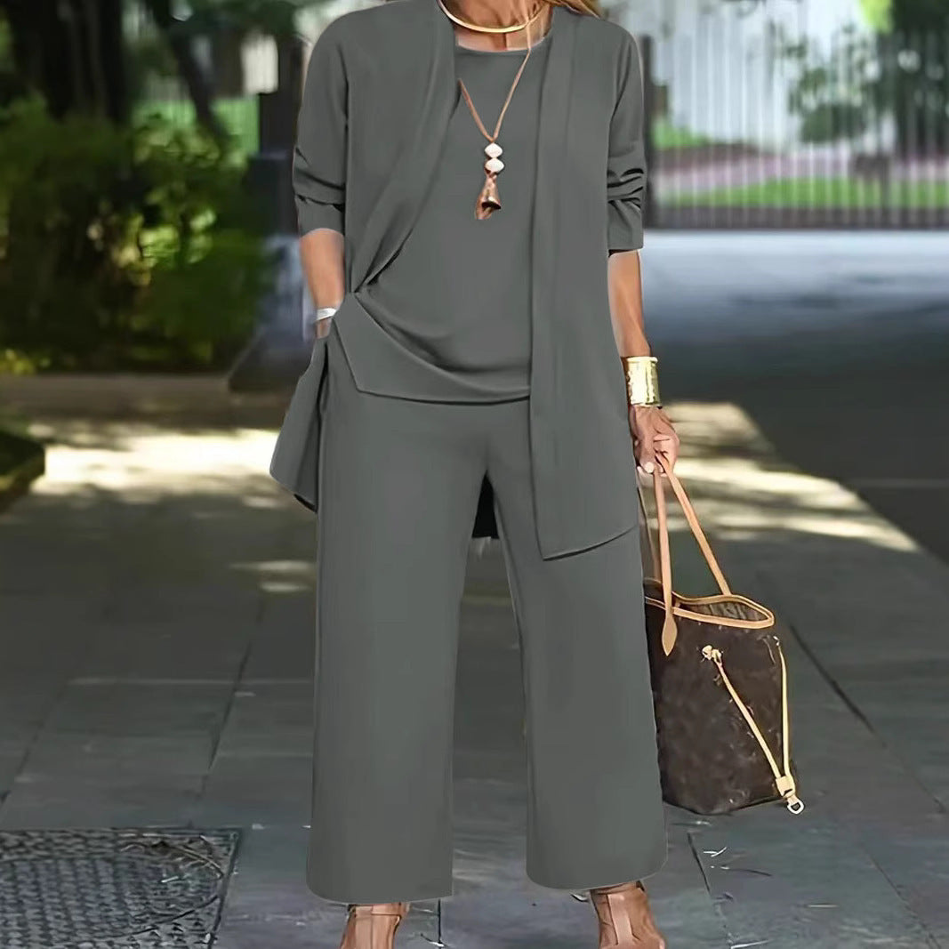 pikywiky women's three-piece casual set in dark grey featuring a sleeveless tank, open cardigan, and wide-leg pants.