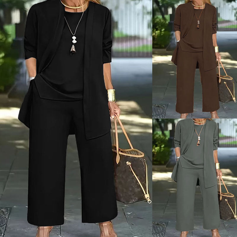 pikywiky three-piece casual pant set featuring a sleeveless tank, open-front cardigan, and wide-leg trousers in solid colors.