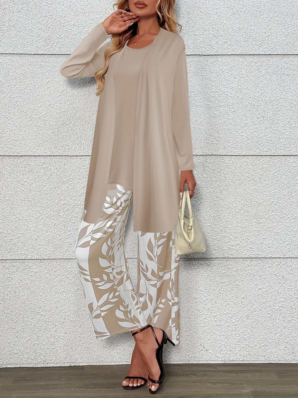 pikywiky three piece casual outfit with beige tank top, long cardigan, and wide-leg pants featuring a white leaf print