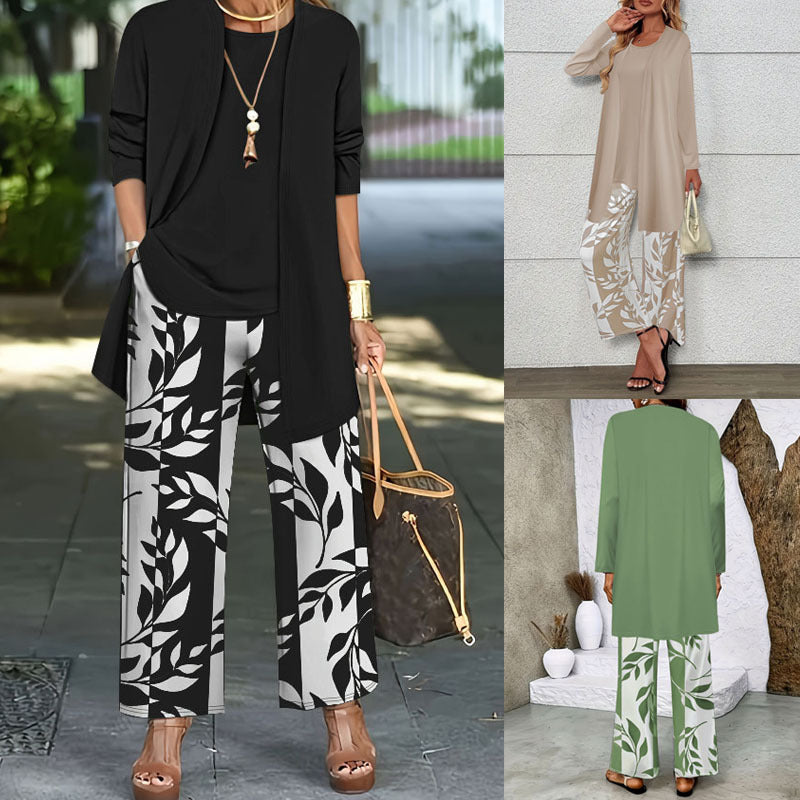 pikywiky three-piece casual outfit set featuring a solid tank, open-front cardigan, and leaf-print wide-leg pants.