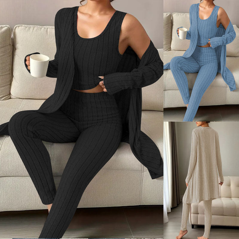 pikywiky three piece ribbed lounge set featuring a tank top, leggings, and open-front cardigan in black, blue, and beige