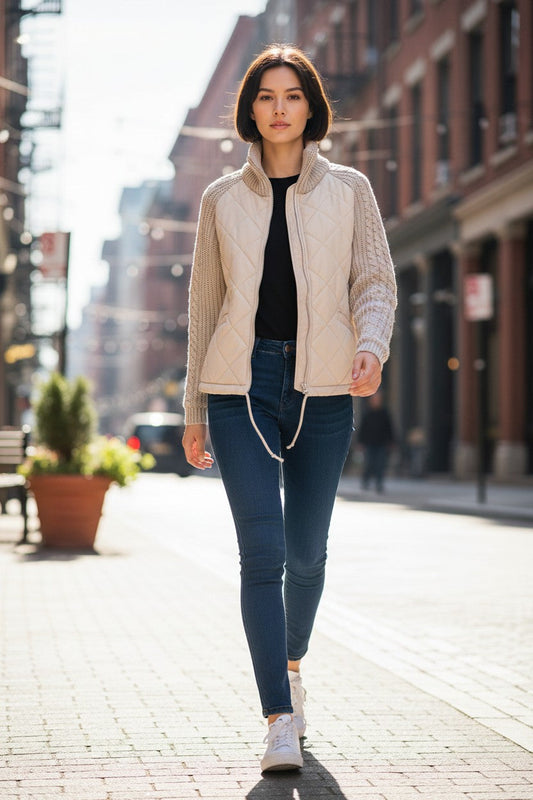 Woman wearing a Pikywiky beige quilted zip-up jacket with knit sleeves
