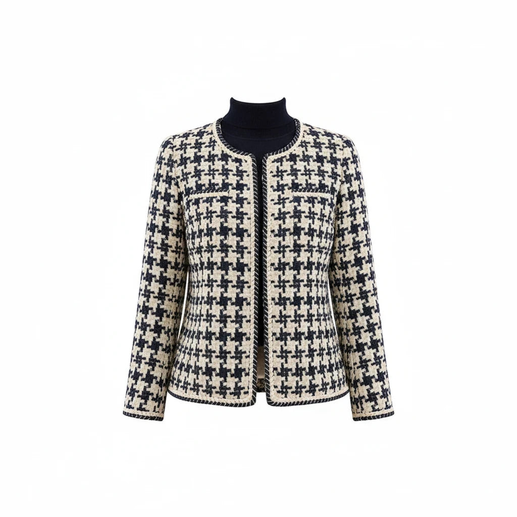 Pikywiky navy houndstooth jacket with round neck, relaxed straight cut