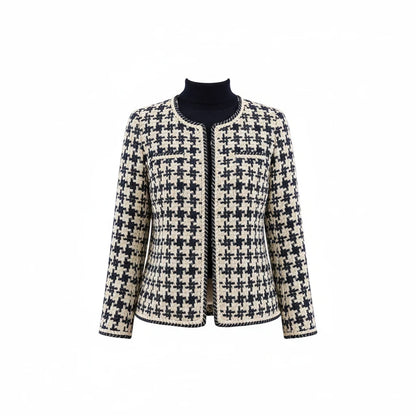 Pikywiky navy houndstooth jacket with round neck, relaxed straight cut