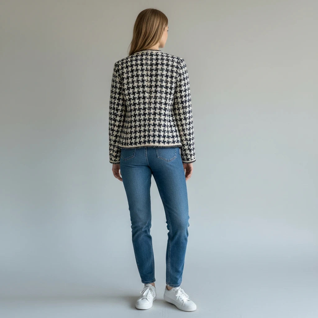 Back view of Pikywiky women's navy houndstooth jacket on a model