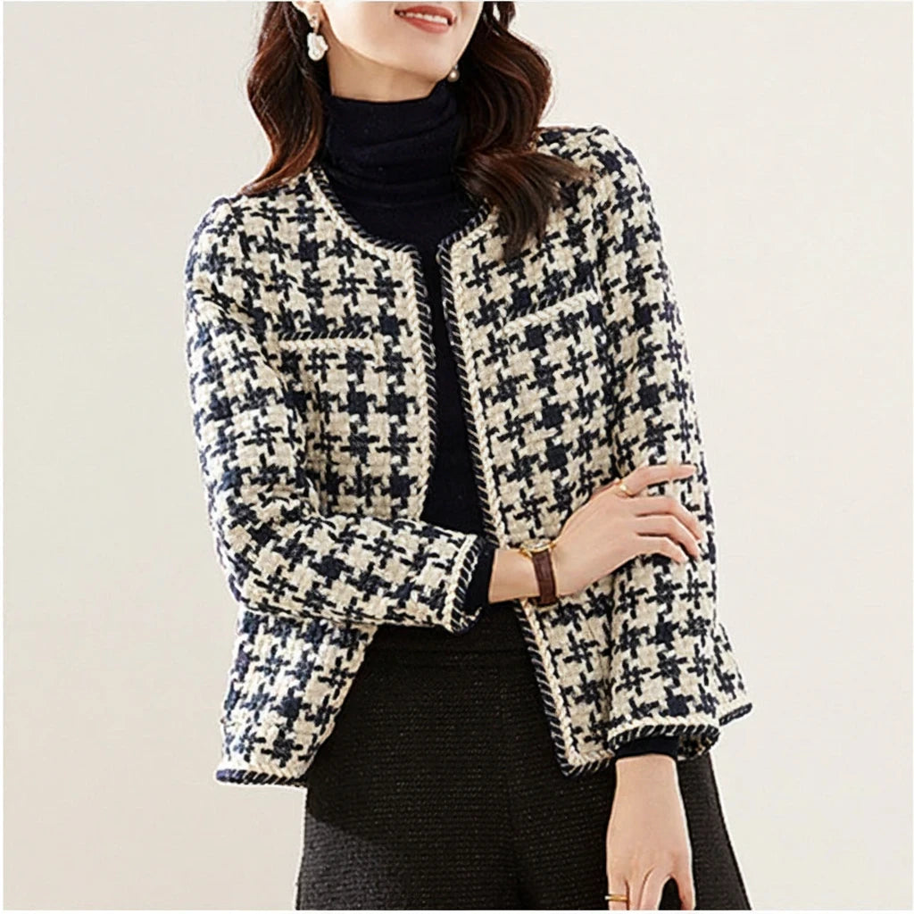 Pikywiky navy and white houndstooth collarless jacket for women