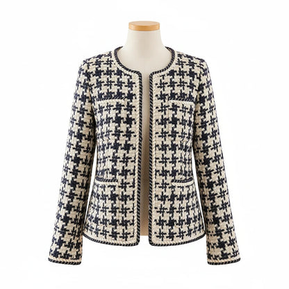Pikywiky women's navy houndstooth jacket with round neck and straight cut