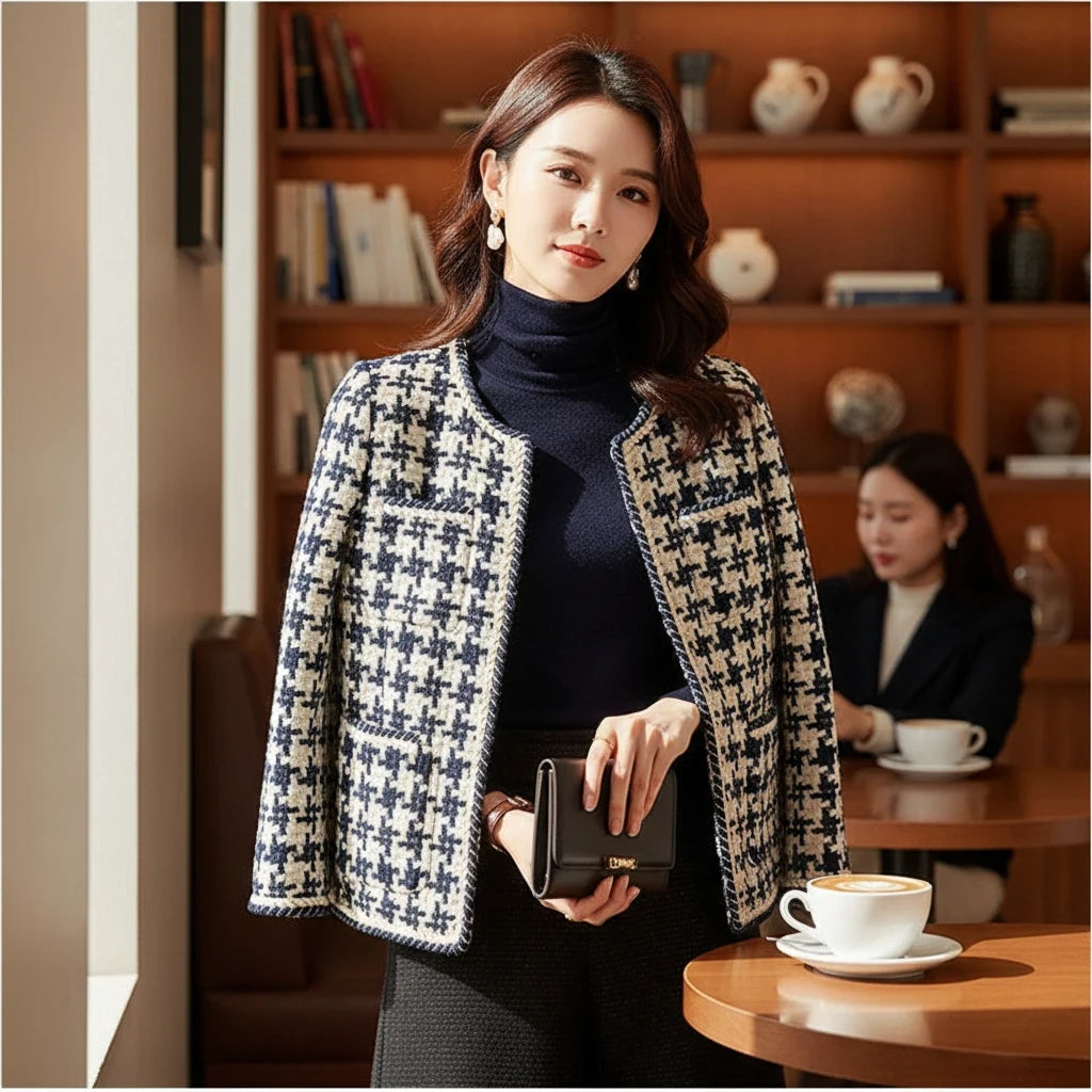 Women's Navy Houndstooth Collarless Jacket | Pikywiky, photo 9