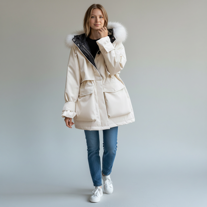 A woman wearing a pikywiky white puffer jacket with a plush faux fur hood, oversized pockets, and blue jeans.