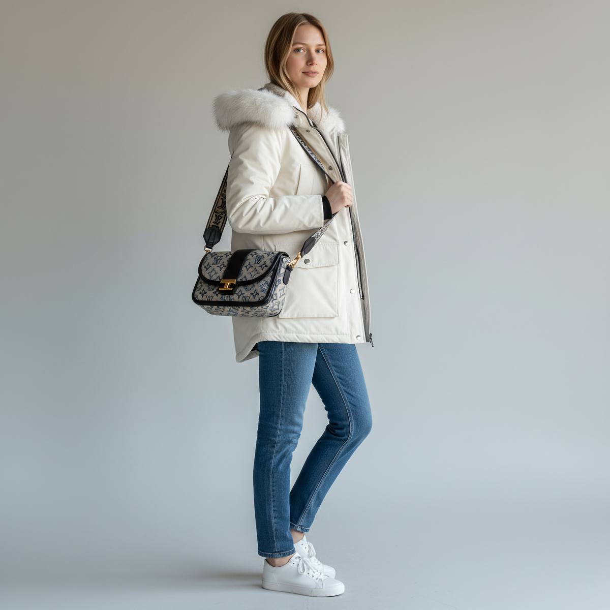 pikywiky white faux fur trimmed puffer jacket worn by a woman with blue jeans and a patterned crossbody bag