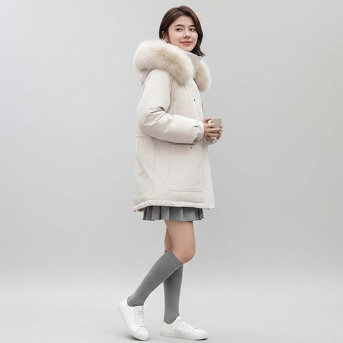 pikywiky white puffer jacket with faux fur hood worn by a woman with grey skirt and knee-high socks