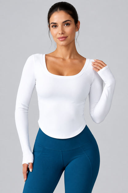 pikywiky women's white long sleeve athletic performance top with a scoop neckline and curved hem for yoga and gym