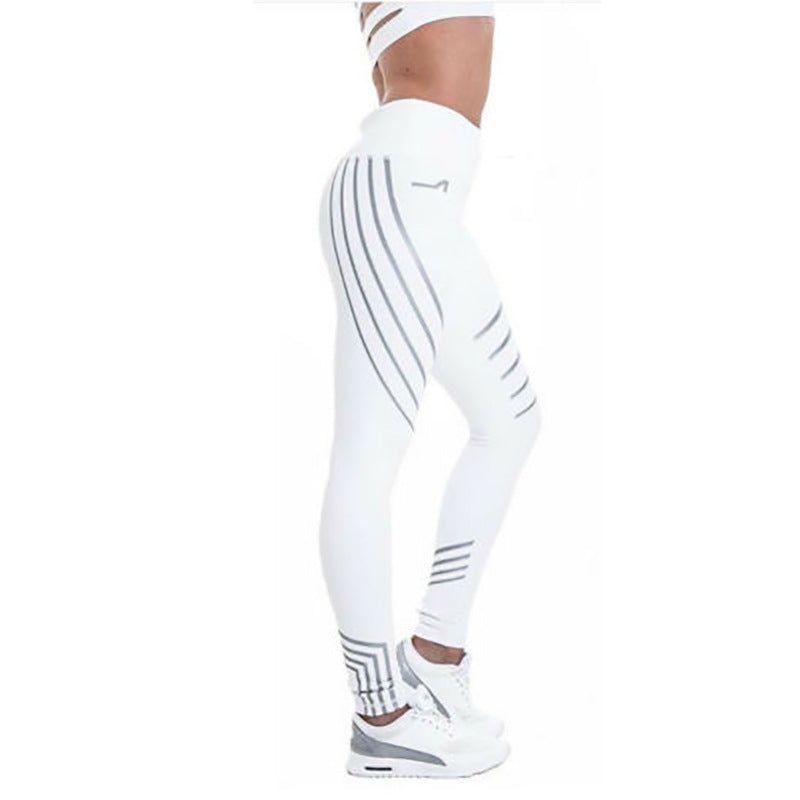 pikywiky white high-waisted athletic leggings with reflective geometric side stripes for high-visibility workouts