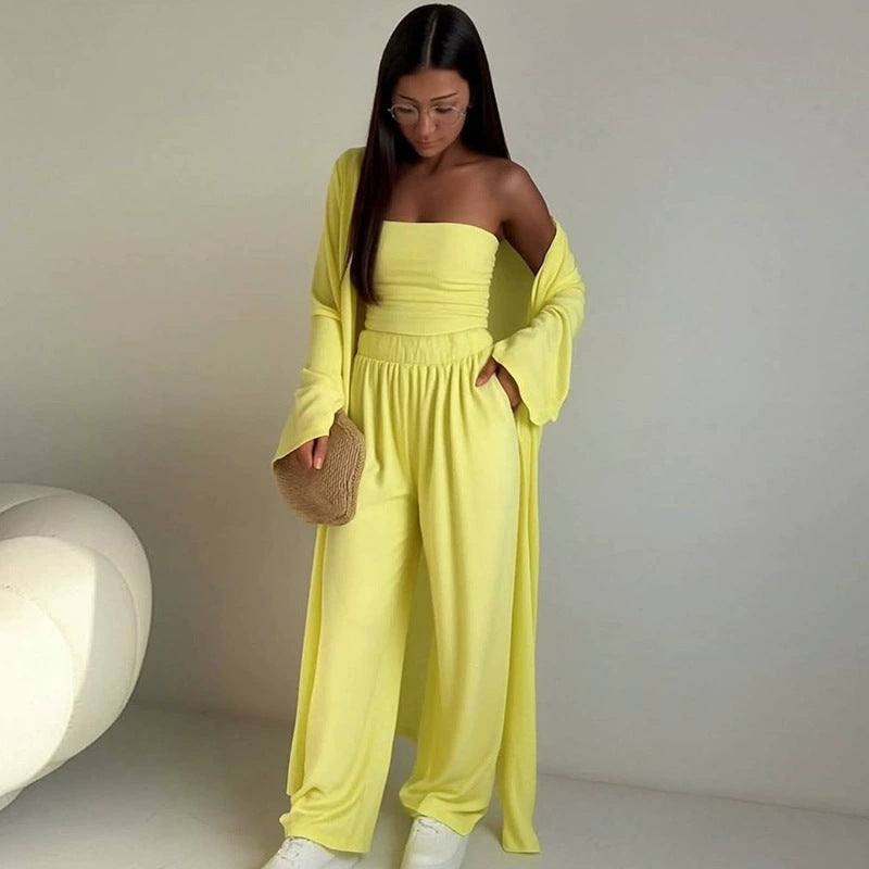 pikywiky bright yellow three-piece lounge set with a strapless tube top, wide-leg pants, and a matching cardigan