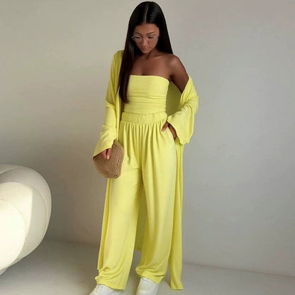 pikywiky bright yellow three-piece lounge set with a strapless tube top, wide-leg pants, and a matching cardigan